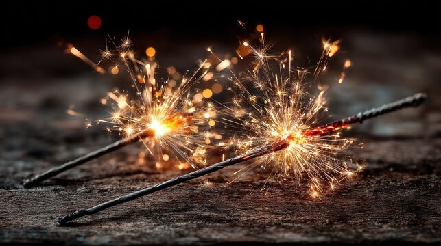 Two sparklers ablaze, creating dazzling light effects against a dark, textured backdrop