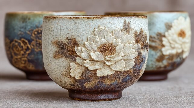 Three ceramic cups, each decorated with intricate floral patterns, showcasing detailed craftsmanship
