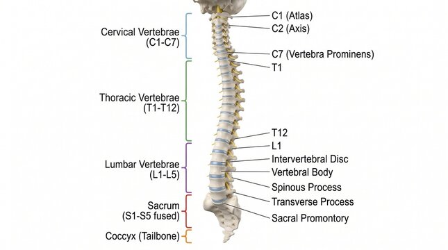 Front view 3D medical render of the human vertebral column with labels for cervical, thoracic, and lumbar sections