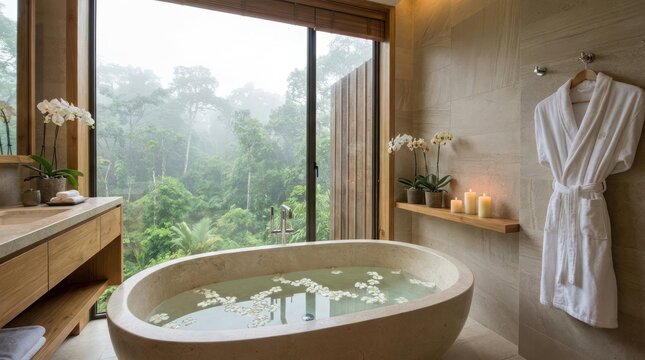 Luxurious bathroom with a soaking tub overlooking a lush green forest
