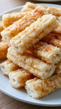 Golden fried bread sticks coated with sugar, serving as a sweet breakfast or snack