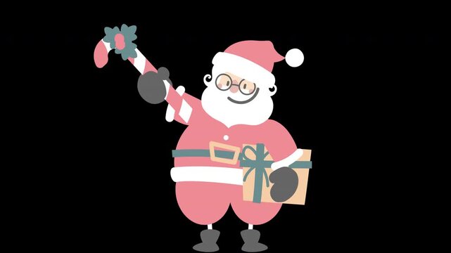 animated video happy christmas holiday festival with santa claus holding gift box and candy cane, overlay transparent prores 4444 4K