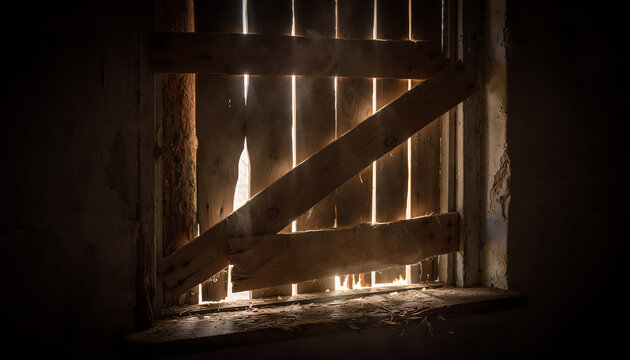 A close-up of an old wooden window with rustic planks and light filtering through gaps in a dimly lit, weathered setting.