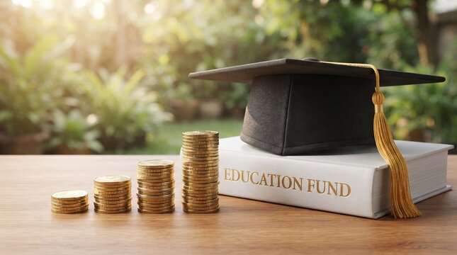 Graduation Cap on Book Beside Stacks of Gold Coins for Education Savings Concept