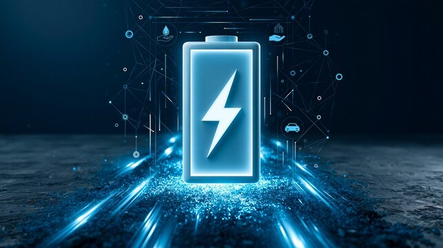 Battery with lightning bolt symbol representing electric vehicle power and sustainable energy