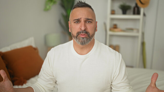 Middle aged hispanic man pointing finger to temple while seated on bed with pillows and shelf in a bedroom building; frustration.