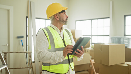 Obraz premium Man builder wearing yellow hardhat and neon vest taps tablet while checking boxes and renovation materials in building; project planning focus.