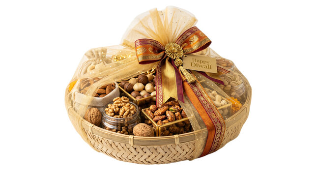 Diwali gift basket with assorted nuts isolated on transparent background