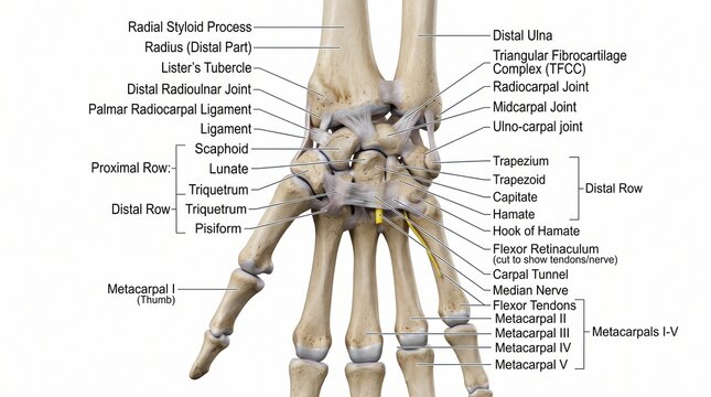 Detailed anatomical render of the human wrist joint and hand bones with labels including ligaments and carpal tunnel