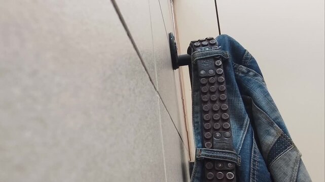 Close-up of a person hanging blue denim jeans with a studded leather belt onto a black wall hook in a bathroom.
