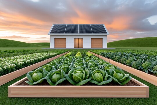 Organic garden with fresh vegetables growing in front of a modern house powered by solar energy