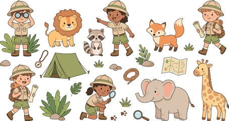 Obraz premium Cute safari adventure vector set with scout kids wild animals tent maps and binoculars in cartoon style