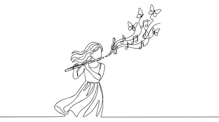 Fototapeta premium Continuous line art illustration of young woman playing flute with musical notes and butterflies flying in wind
