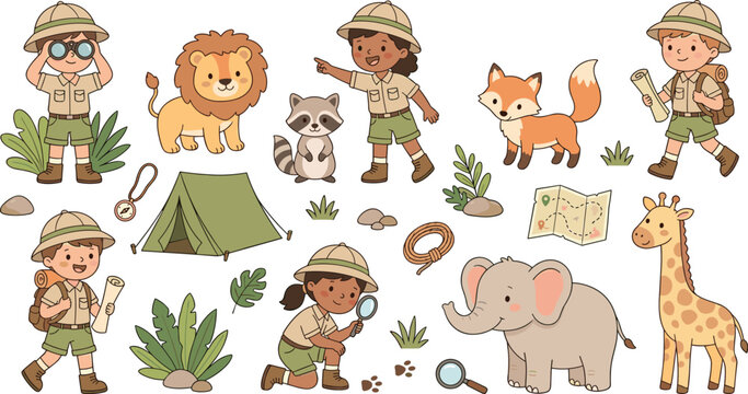 Cute safari adventure vector set with scout kids wild animals tent maps and binoculars in cartoon style