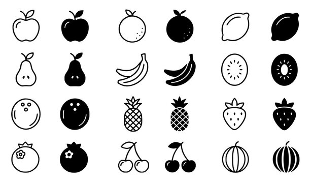 SEO Title: Fruit Thin Line and Glyph Solid Icon Set, Editable Stroke