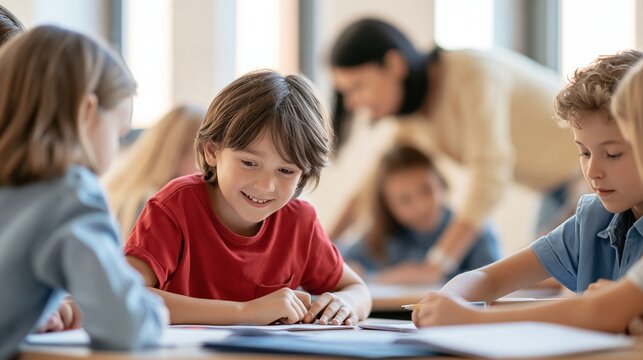 Young diverse students engaged in a classroom learning activity with teacher supervision