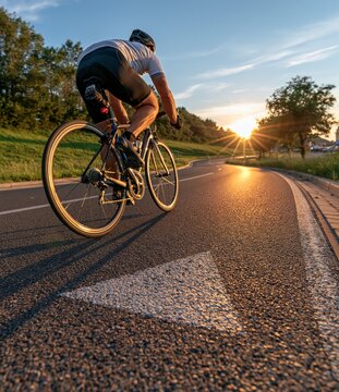 Male cyclist riding road bike enjoying sunset on a winding paved road