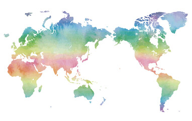 Colorful watercolor-style world map using the Mercator projection. © NANANAMUu