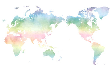 Colorful watercolor-style world map using the Mercator projection. © NANANAMUu