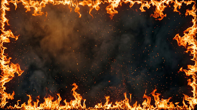 Burning fire frame with glowing sparks and dark smoke center copy space