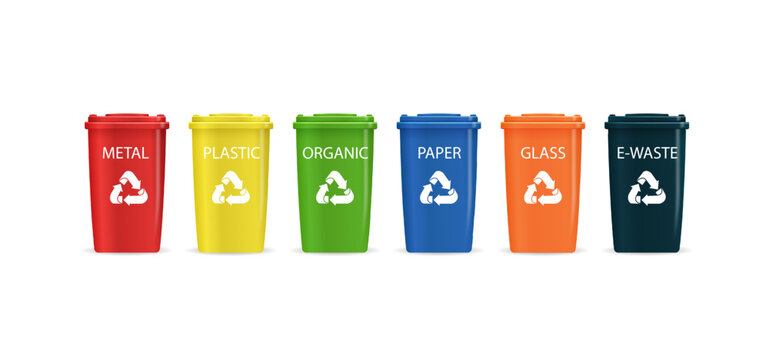 Colorful waste bins collection with paper, metal, and organic trash separation. Vector recycling containers illustration for eco-conscious garbage disposal and green environment care