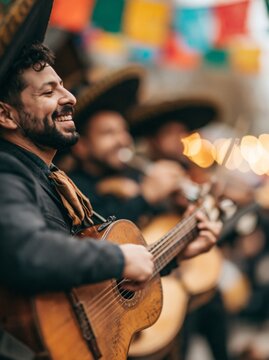 Smiling mariachi musician playing acoustic guitar at a cultural celebration