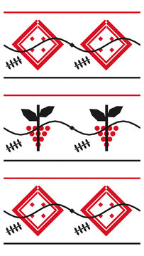 A red and black folk-inspired arrangement combines grape clusters, leafy branches, and diamond symbols in clean horizontal bands on a bright white background.