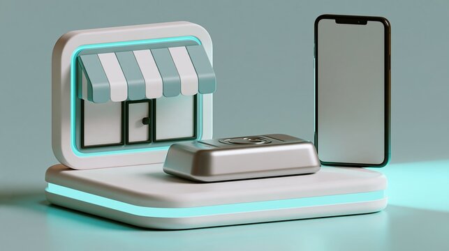 Modern 3D render of a digital storefront with smartphone and silver bar, symbolizing e-commerce and online business growth