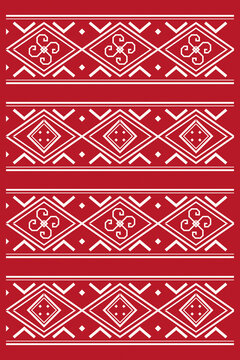Bold ivory symbols and angular borders repeat across a rich red field, offering a striking tribal-inspired surface for apparel, packaging, interiors, and seasonal projects.