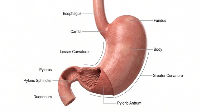 Human Stomach Anatomy Showing Esophagus, Fundus, Body, and Pyloric Regions