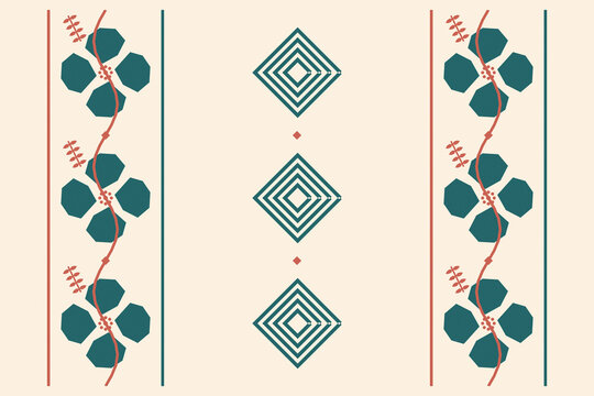 Stylized teal foliage and coral stems create a balanced folk-inspired repeat on a warm cream ground, offering a refined decorative surface for fashion and interiors.