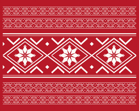 Large white floral diamonds stand out against a vivid red background, framed by multiple fine folk bands to create a bold festive ornament for textiles, wrapping, and holiday decor.