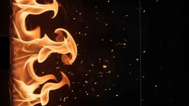 Vertical Fire Wall Burning Film Edge on Black Background 4K Cinematic Motion