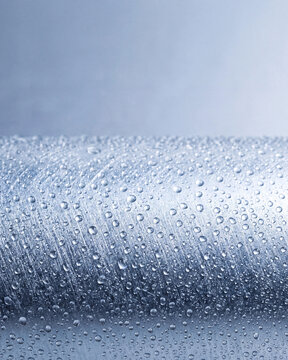 Water droplets on brushed anodized metal surface for condensation freshness waterproof coating and cold industrial material background texture