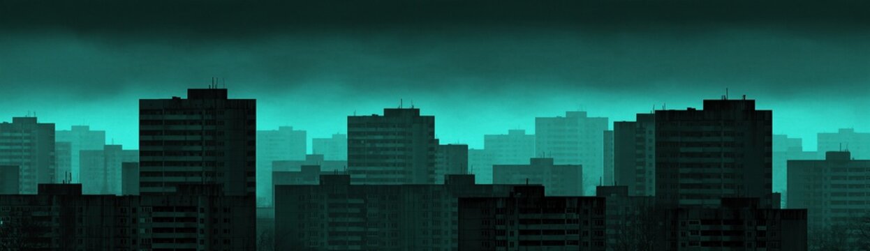 Mysterious teal-hued cityscape with silhouetted buildings under a hazy, atmospheric sky