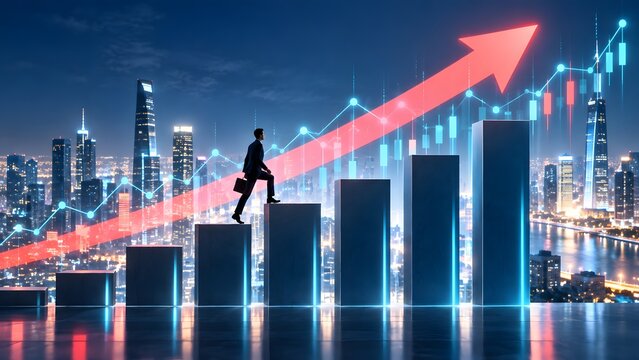 Businessman Walking Up Bar Chart Growth Success Concept Cityscape