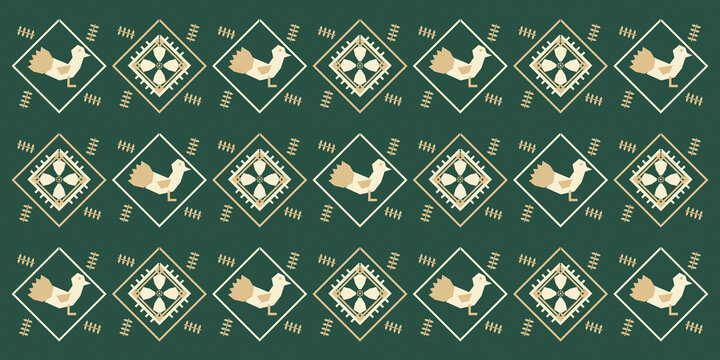 Stylized cream birds alternate with ornate diamond medallions across a deep green ground, creating a charming heritage pattern suited to fabric, wallpaper, and seasonal design.