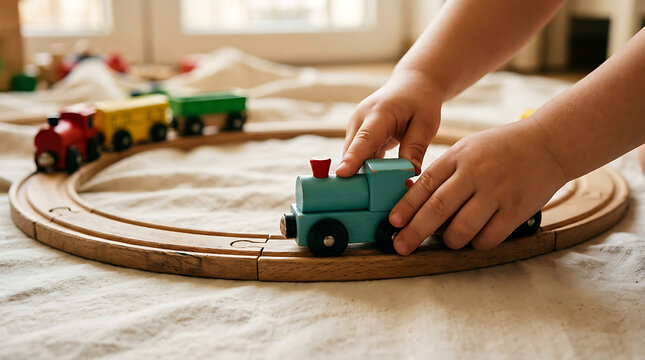 Child's hands playing with a wooden toy train on a circular track