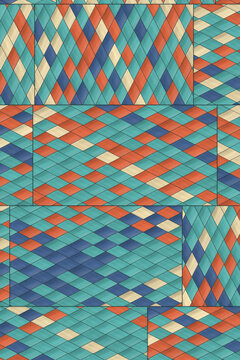 Geometric diamond pattern in teal, orange, blue, and cream