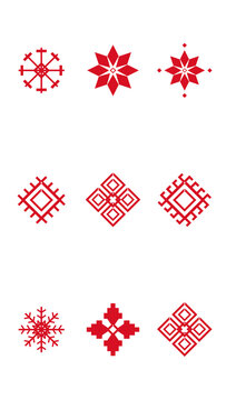 A curated collection of red folk ornaments combines stars, snowflakes, diamonds, and geometric symbols in a clean white layout suitable for textile, branding, and seasonal design.