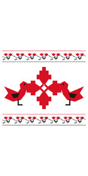 Two stylized red folk birds face one another above a central geometric emblem, framed by delicate flowering vines on white for celebratory cards, textiles, and heritage artwork.