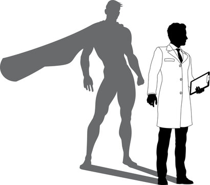A superhero male scientist, engineer, doctor or teacher in a lab white coat man. Revealed by his shadow silhouette as a super hero in a cape.