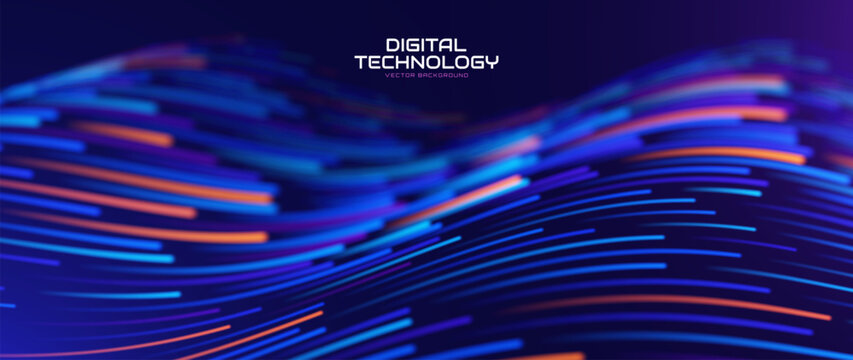 Digital Technology Abstract Wave Particles Flow Background with Blue and Yellow Abstract Glowing Light Trails. Abstract Futuristic Data Stream. Digital Technology Vector Illustration.