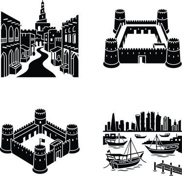 Collection of four glyph silhouette icons representing Qatar heritage sites including Souq Waqif alley, Al-Zubarah Fort, Al-Koot Fort, and Doha dhow harbor, flat vector style