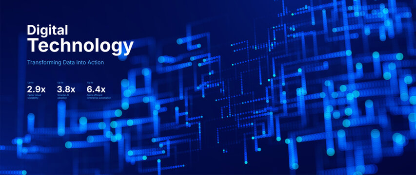 Technology Big Data Flow Background with AI Particles and Digital Stream Lines. Futuristic Data Science Concept. Tech Business Presentation or Annual Report Template. Vector Illustration.