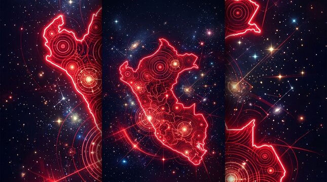 Cosmic nebula clouds glowing with red hydrogen gas in deep space background for astronomy science education