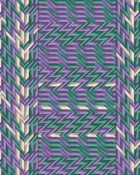 Geometric pattern with purple, teal, and beige interlocking strips