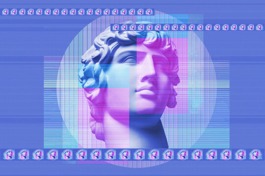 Vaporwave Aesthetic Glitch Art with Antique Classical Statue Head Retro Futuristic Digital Distortion and VHS Noise Abstract Raster Illustration Background Style