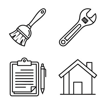 Minimalist icon set showing maintenance tools and housing structure with repair, cleaning, and management services, concept for digital facility app UI/UX design and scalable residential