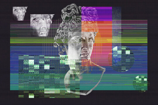 Abstract Glitch Art Illustration Featuring Classical Antique Sculpture Bust with Digital Distortion VHS Noise Scanlines and Vibrant Rainbow Colors Background Graphic Element